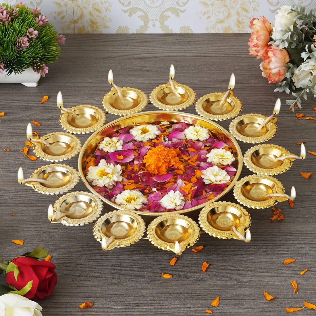 Gold Urli Bowl with Lotus Diya for Festive Home Décor