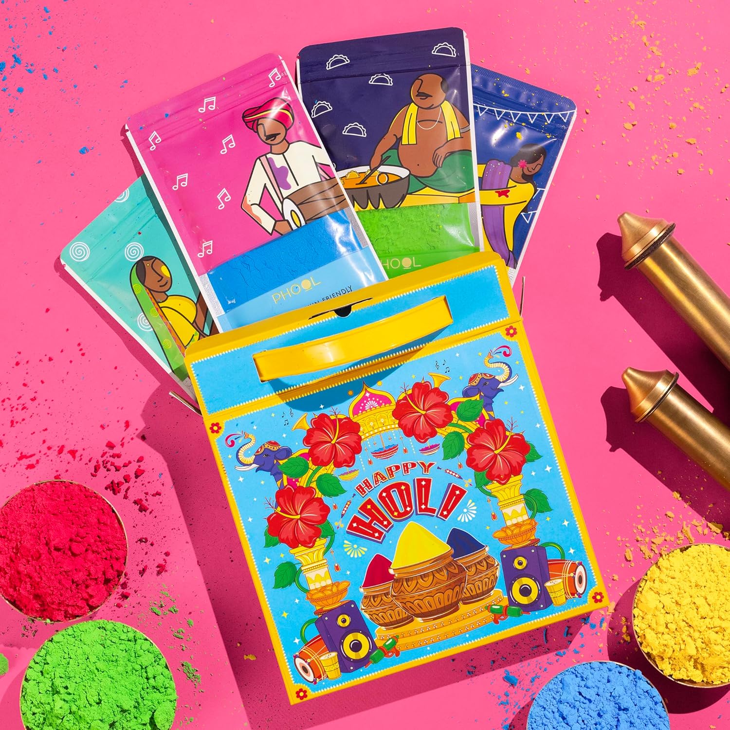 Colorful Holi powder packets with traditional illustrations on a pink background