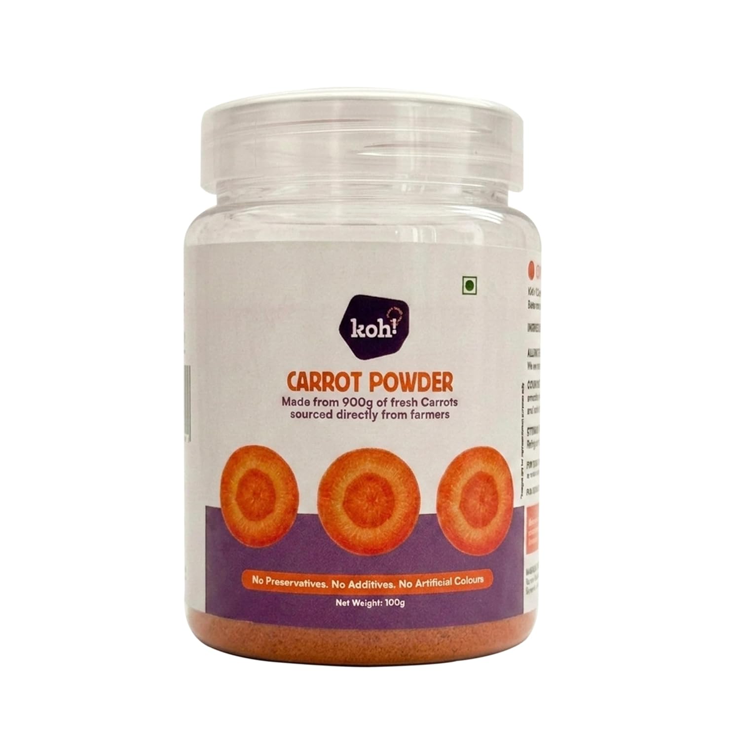Jar of carrot powder with a white background
