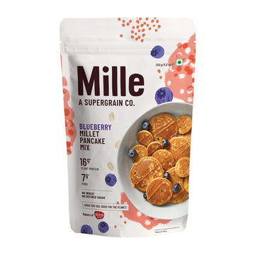 Mille Blueberry Millet Pancake Mix packaging on a white background