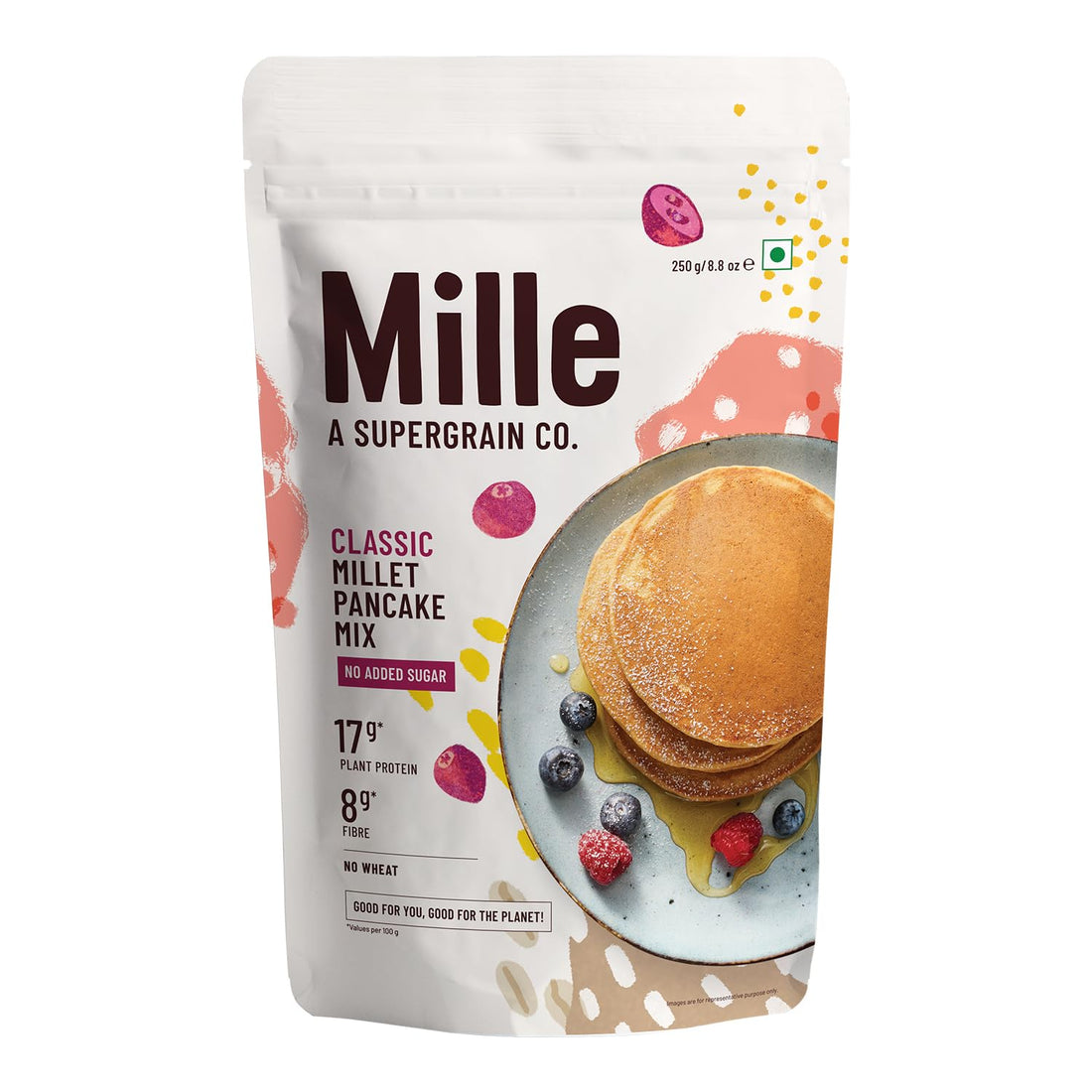 Mille Classic Millet Pancake Mix packaging with pancakes and berries on a white background