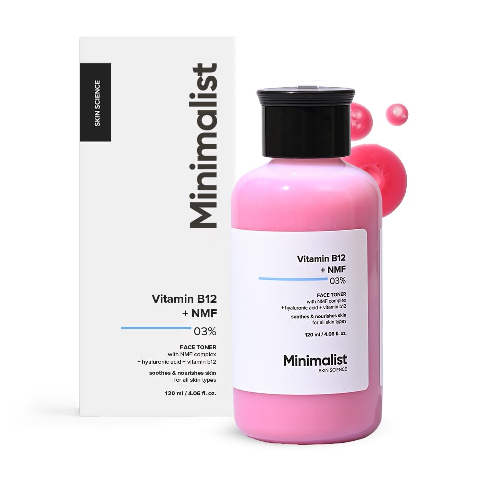 Pink bottle of 'Minimalist' skincare product with packaging on a white background