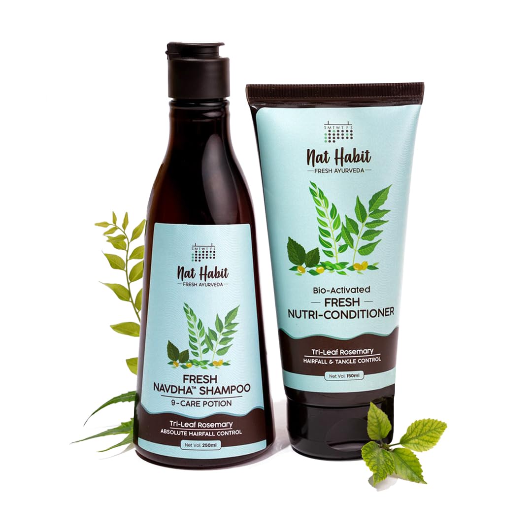 Nat Habit shampoo and conditioner bottles with green leaf graphics on a white background