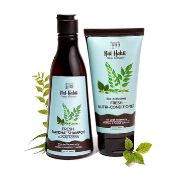Nat Habit shampoo and conditioner bottles with green leaf graphics on a white background