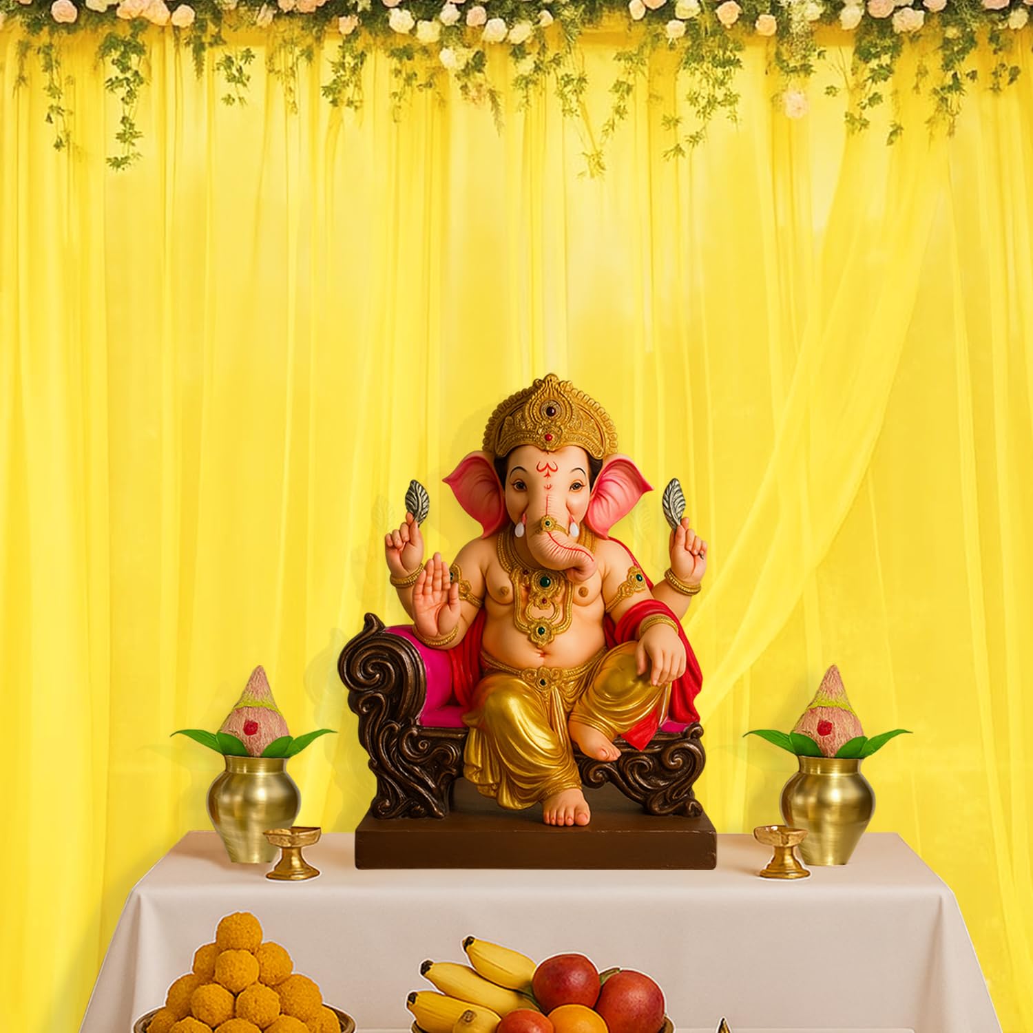 Yellow Net Backdrop for Pooja & Wedding Decorations