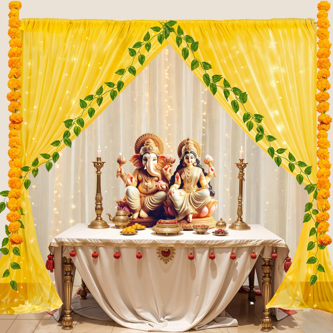 Party Propz Yellow Pooja Backdrop Cloth with Lights
