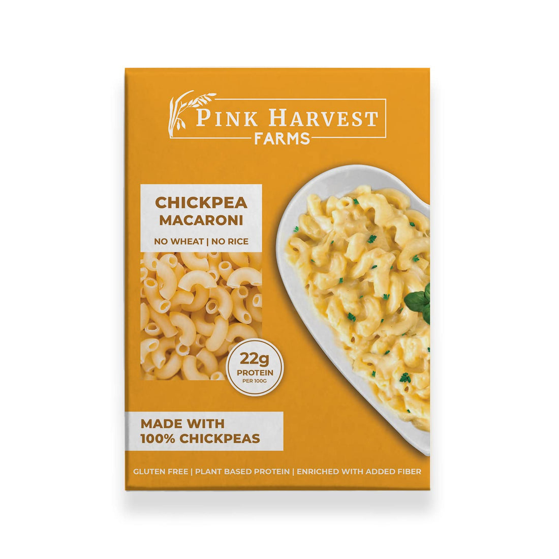 Pink Harvest Farms Chickpea Macaroni package on a white background