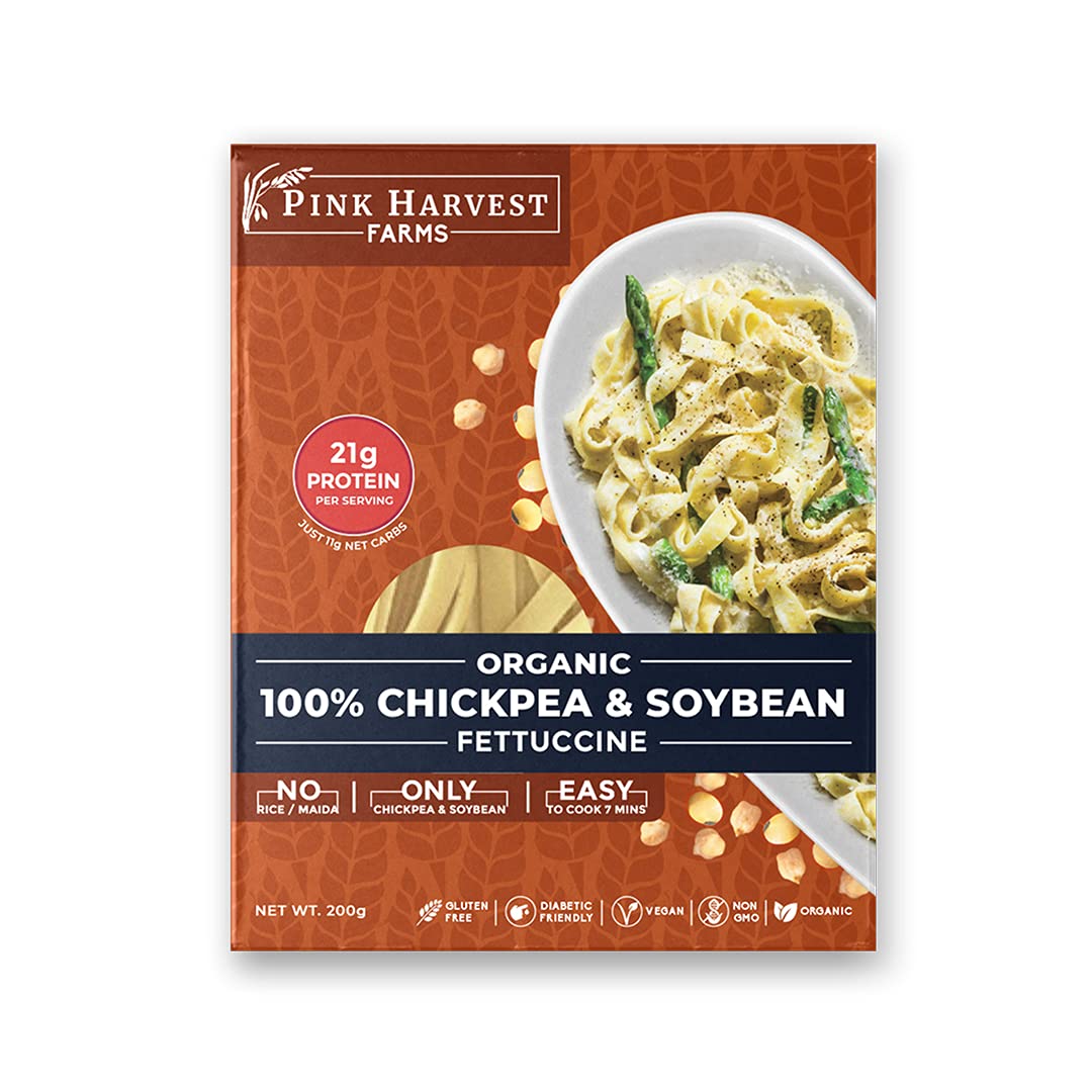 Pink Harvest Farms organic chickpea and soybean fettuccine package on a white background