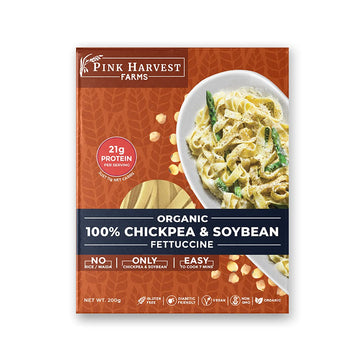 Pink Harvest Farms organic chickpea and soybean fettuccine package on a white background