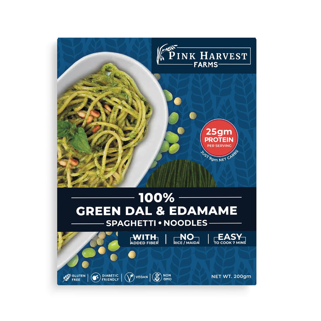 Pink Harvest Farms green dal and edamame spaghetti noodles packaging on a white background