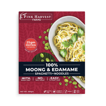 Pink Harvest Farms moong and edamame spaghetti noodles packaging with a bowl of noodles on a red background.