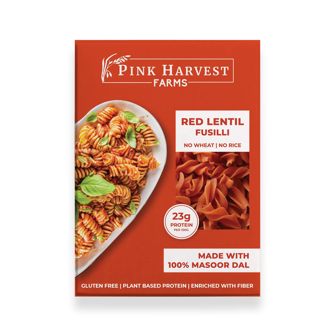Pink Harvest Farms red lentil fusilli pasta package on a white background
