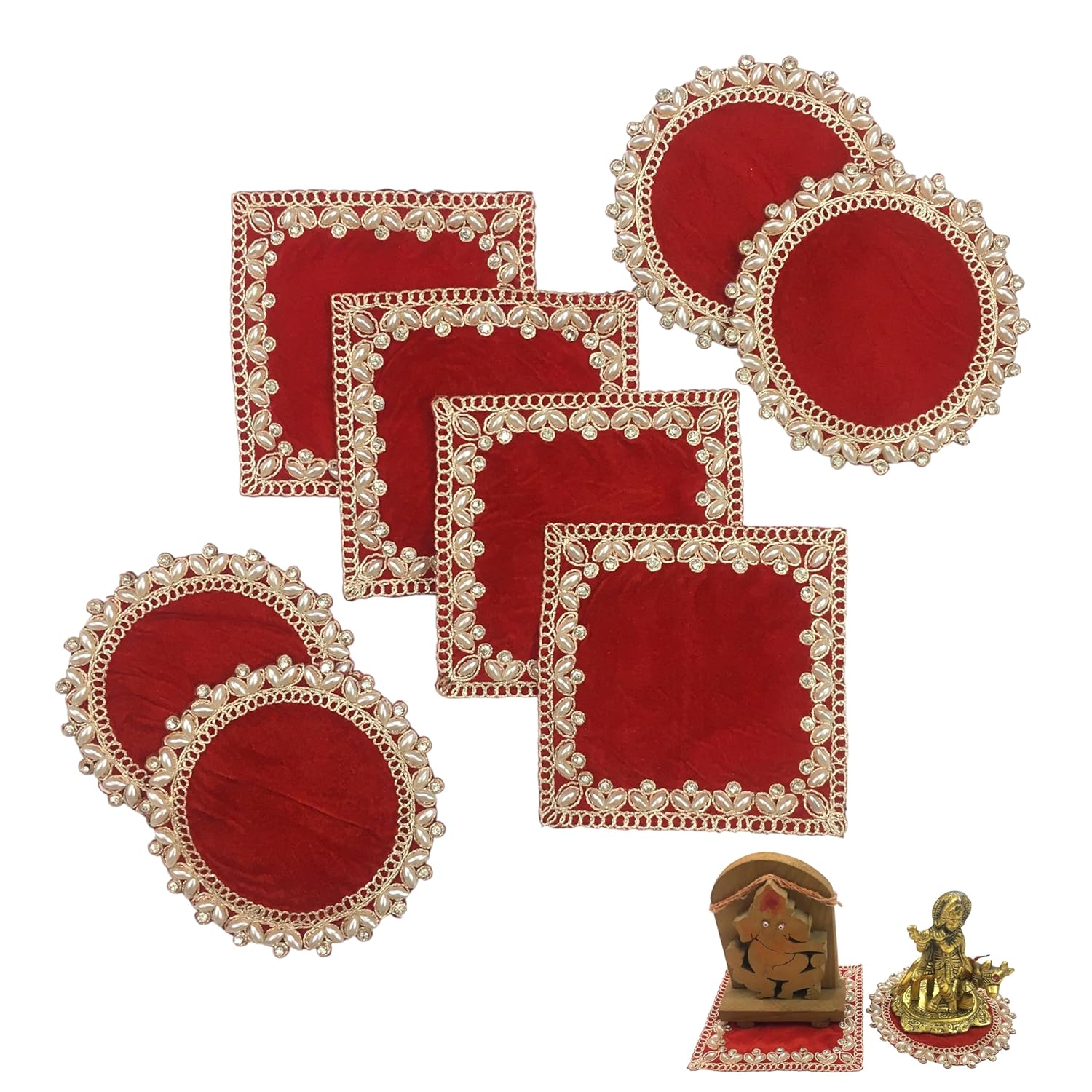 EMBROINDIA Red Velvet Pooja Aasan Set, Decorative Chowki Cloth, 4x4 Inch