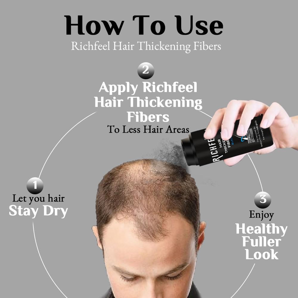 Richfeel Hair Thickening Fibers – Black, 13gm | Instant Volume for Thin Hair