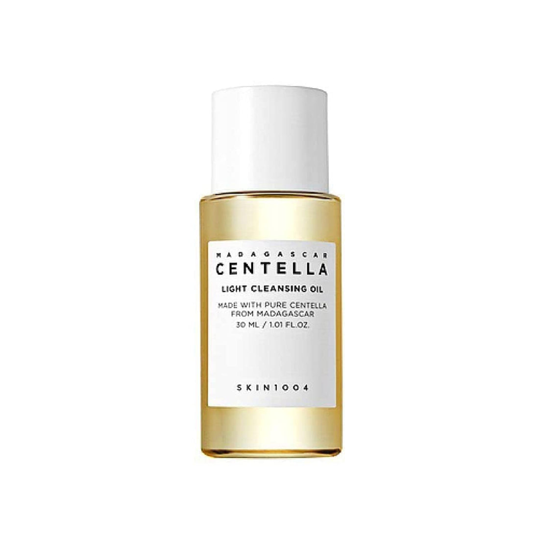Skincare bottle labeled 'Madagascar Centella Light Cleansing Oil' on a white background