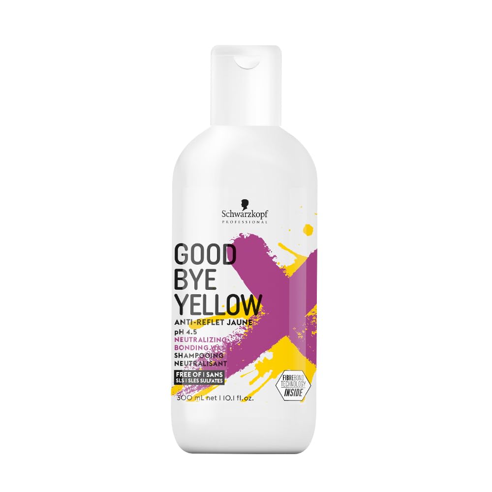 Shampoo bottle labeled 'Good Bye Yellow' by Schwarzkopf on a white background