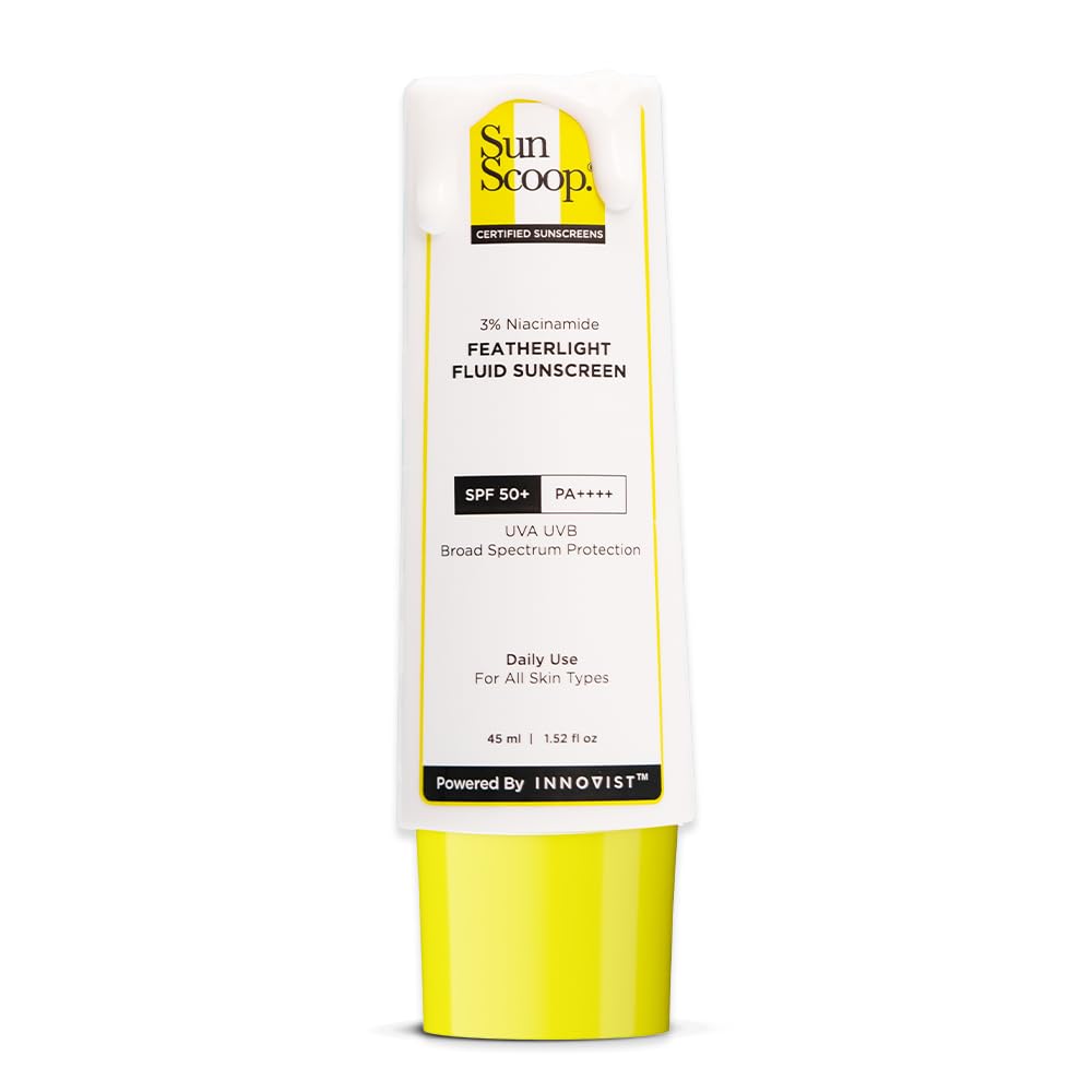 Sun Scoop sunscreen bottle with yellow and white design on a white background