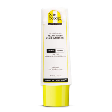 Sun Scoop sunscreen bottle with yellow and white design on a white background