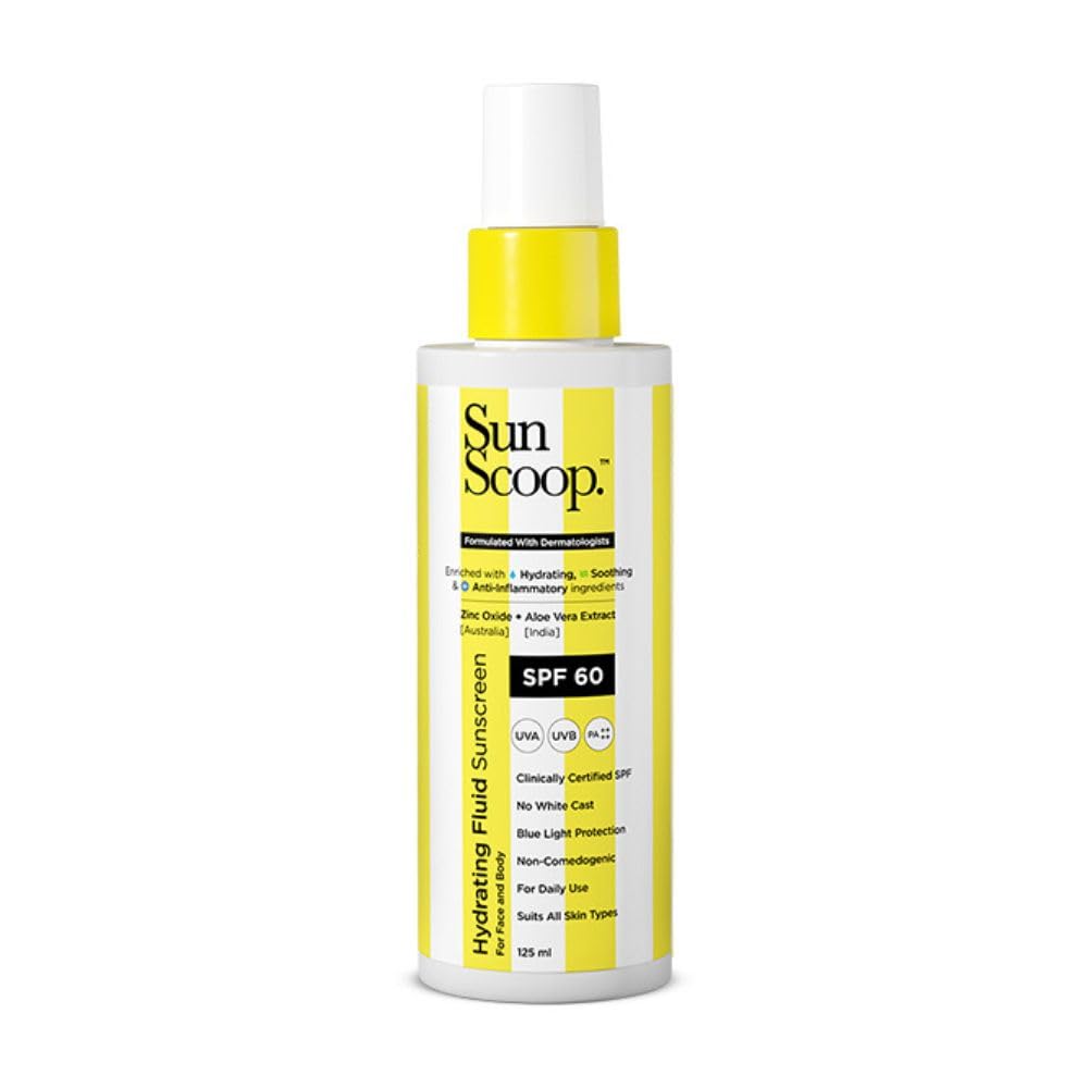 Sun Scoop sunscreen bottle with yellow label on a white background