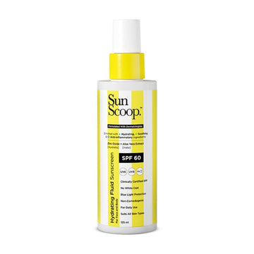 Sun Scoop sunscreen bottle with yellow label on a white background