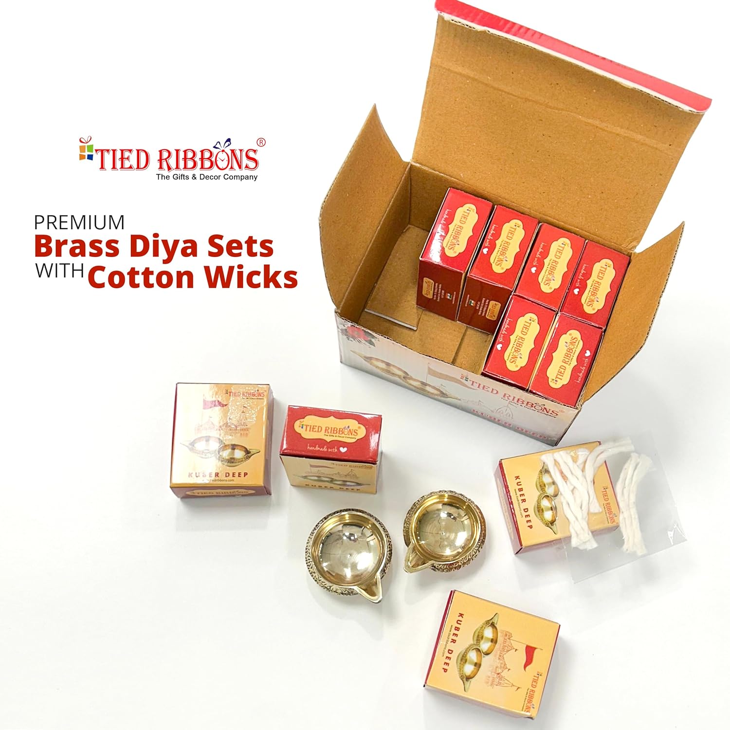 TIED RIBBONS Set of 10 Brass Diya for Puja Room Oil Lamps