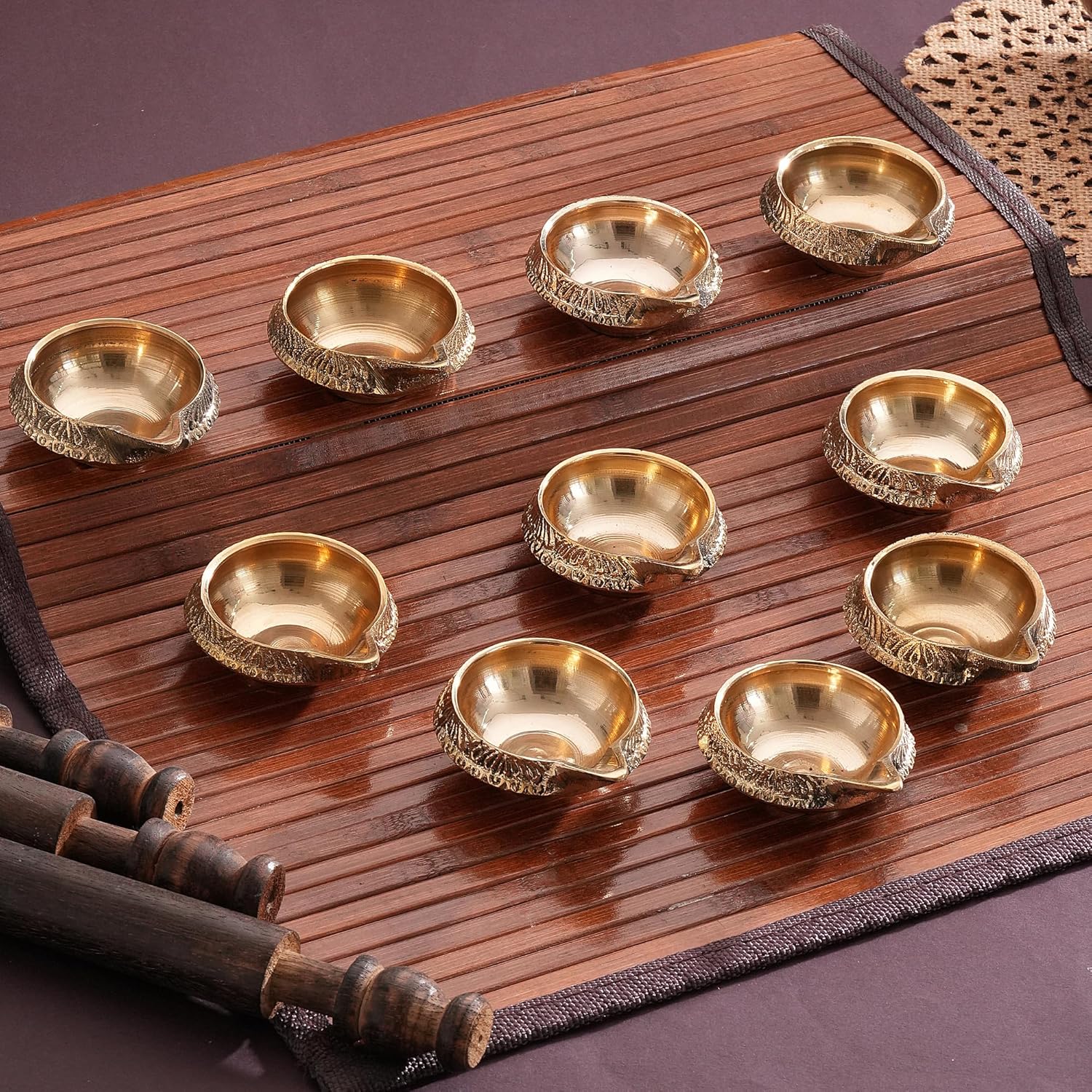 TIED RIBBONS Set of 10 Brass Diya for Puja Room Oil Lamps