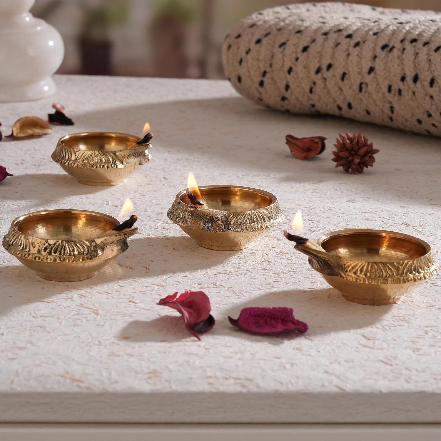 TIED RIBBONS Set of 10 Brass Diya for Puja Room Oil Lamps