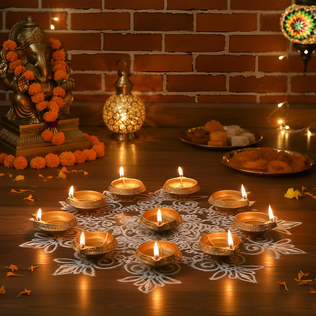TIED RIBBONS Set of 10 Brass Diya for Puja Room Oil Lamps