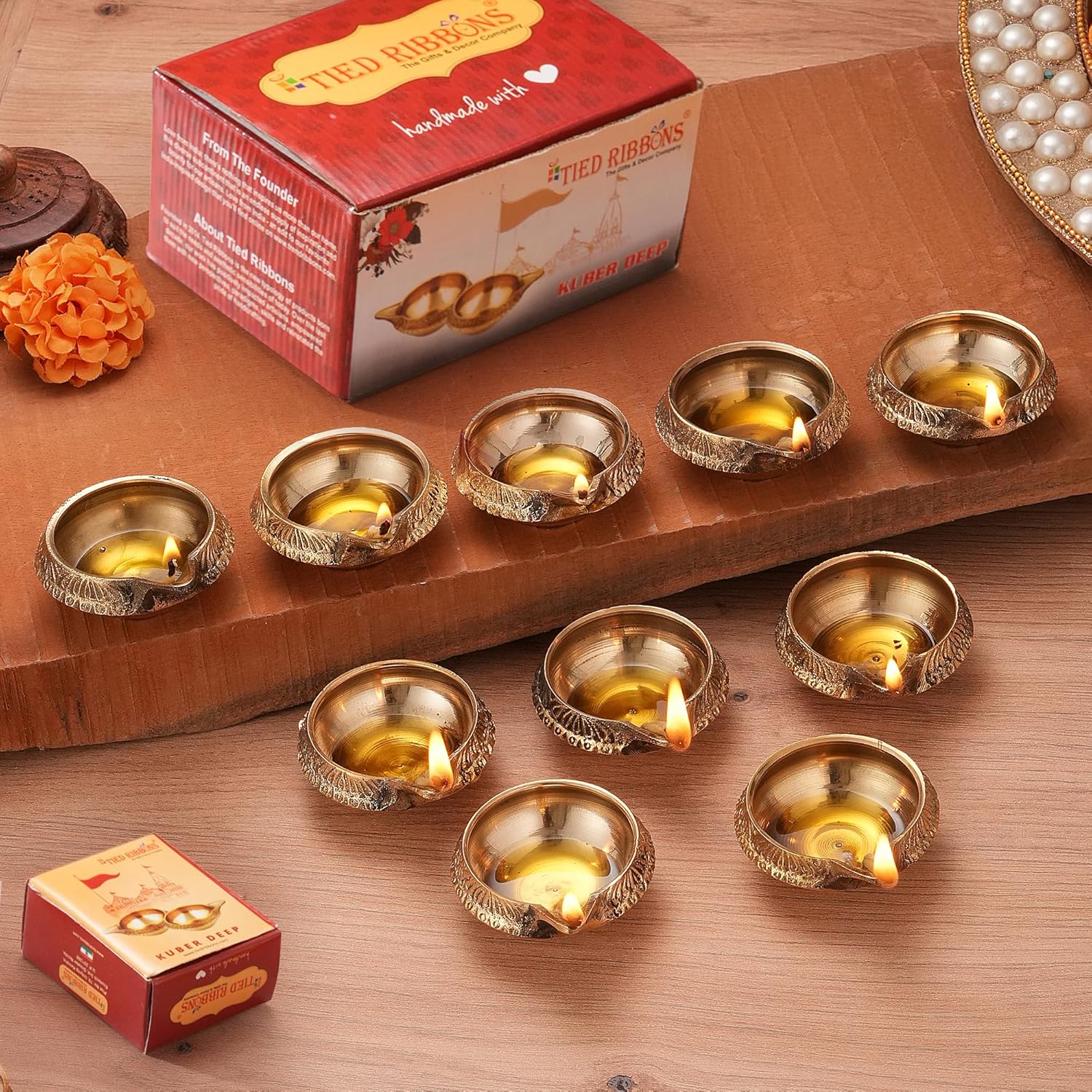 TIED RIBBONS Set of 10 Brass Diya for Puja Room Oil Lamps