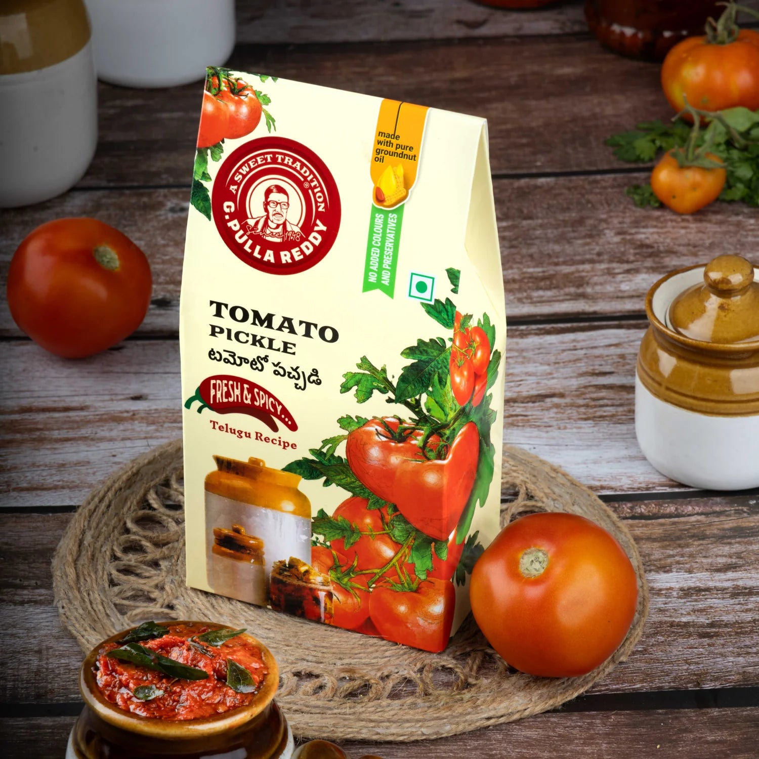 G Pulla Reddy Tomato Pickle Pouch - With Garlic - 400g
