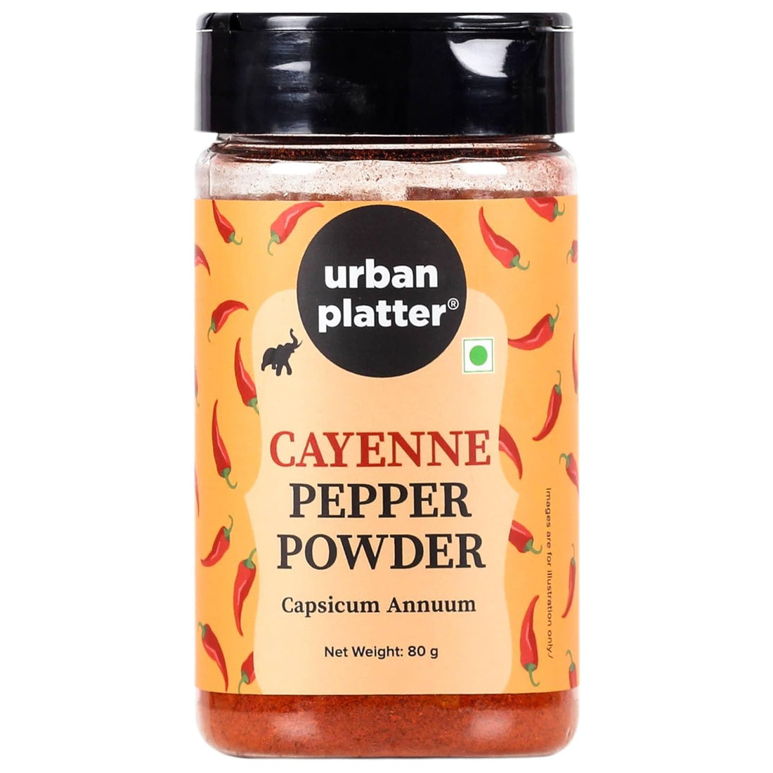 Jar of cayenne pepper powder with 'urban platter' branding on a white background