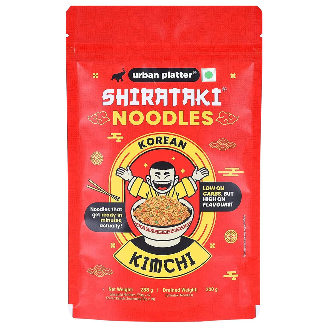 Red package of Urban Platter Shirataki Noodles with Korean Kimchi flavor on a white background