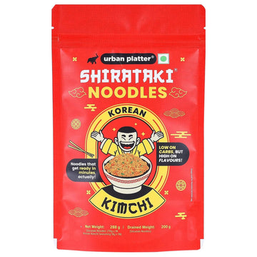 Red package of Urban Platter Shirataki Noodles with Korean Kimchi flavor on a white background