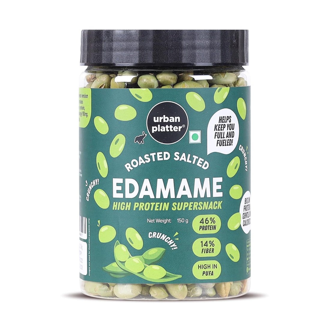 Jar of roasted salted edamame with Urban Platter branding on a white background