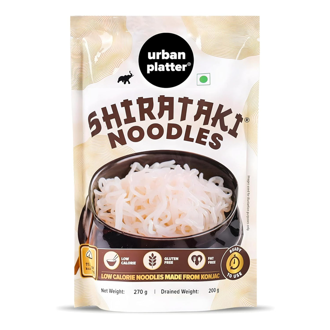 Packaging of Urban Platter Shirataki Noodles with a bowl of noodles on a white background