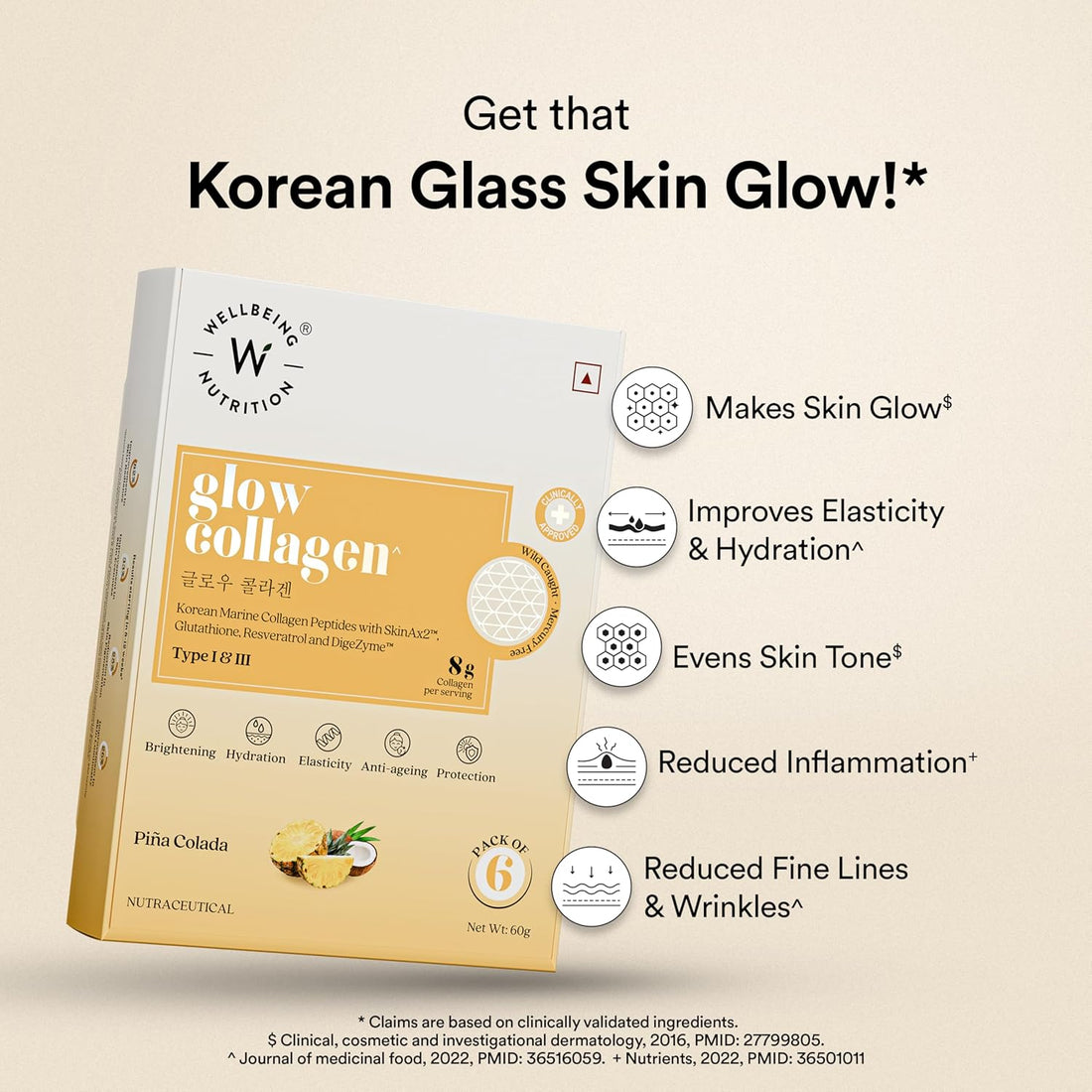 Wellbeing Glow Korean Marine Collagen – Pina Colada, 48g
