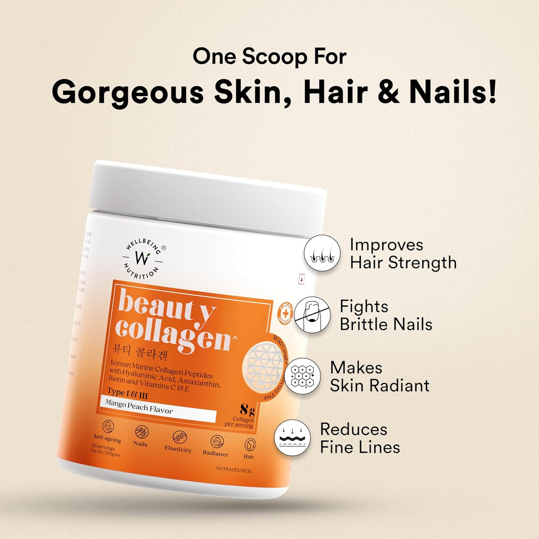 Wellbeing Korean Beauty Collagen 250g Mango Peach