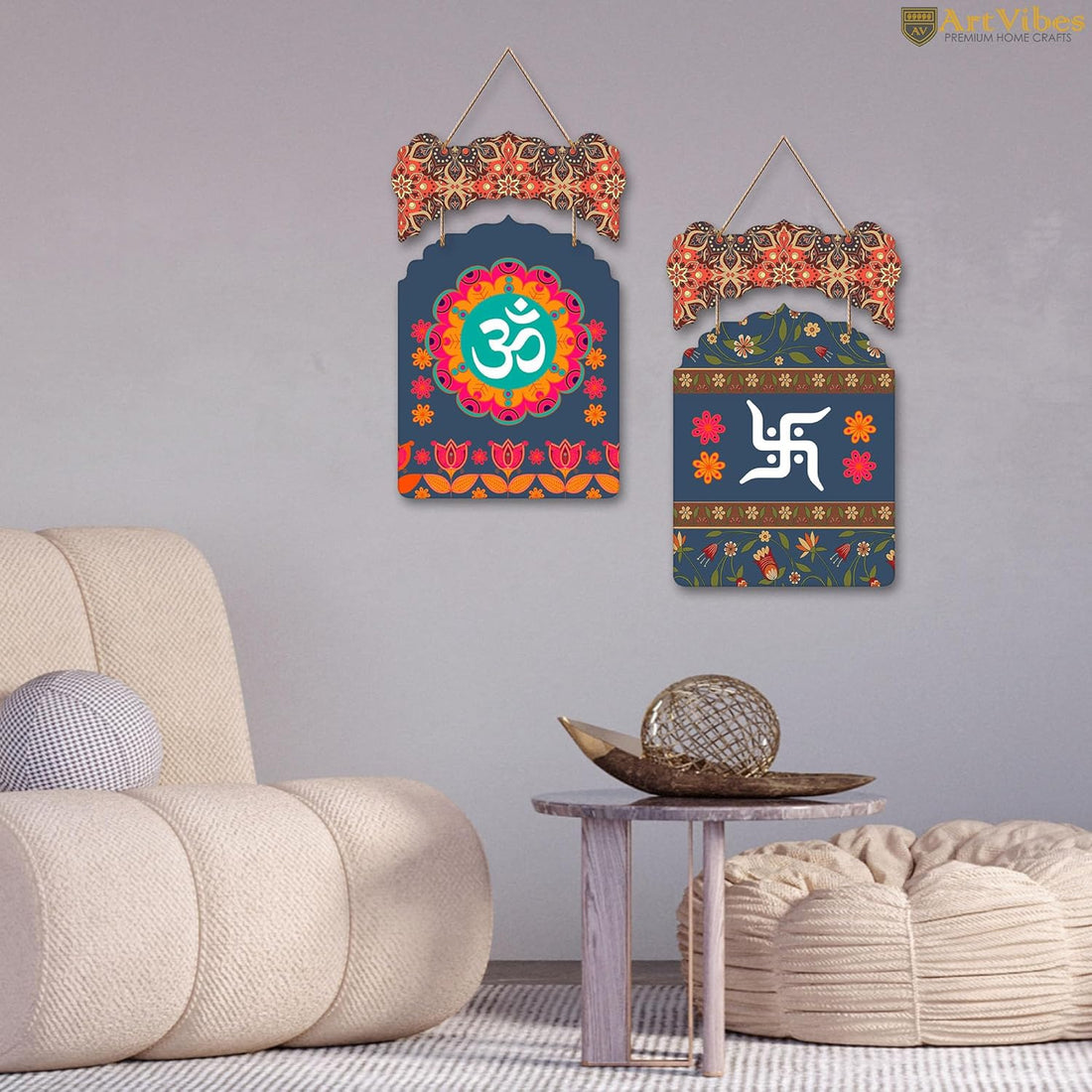 Wooden Wall Hanging with Om & Swastik Design