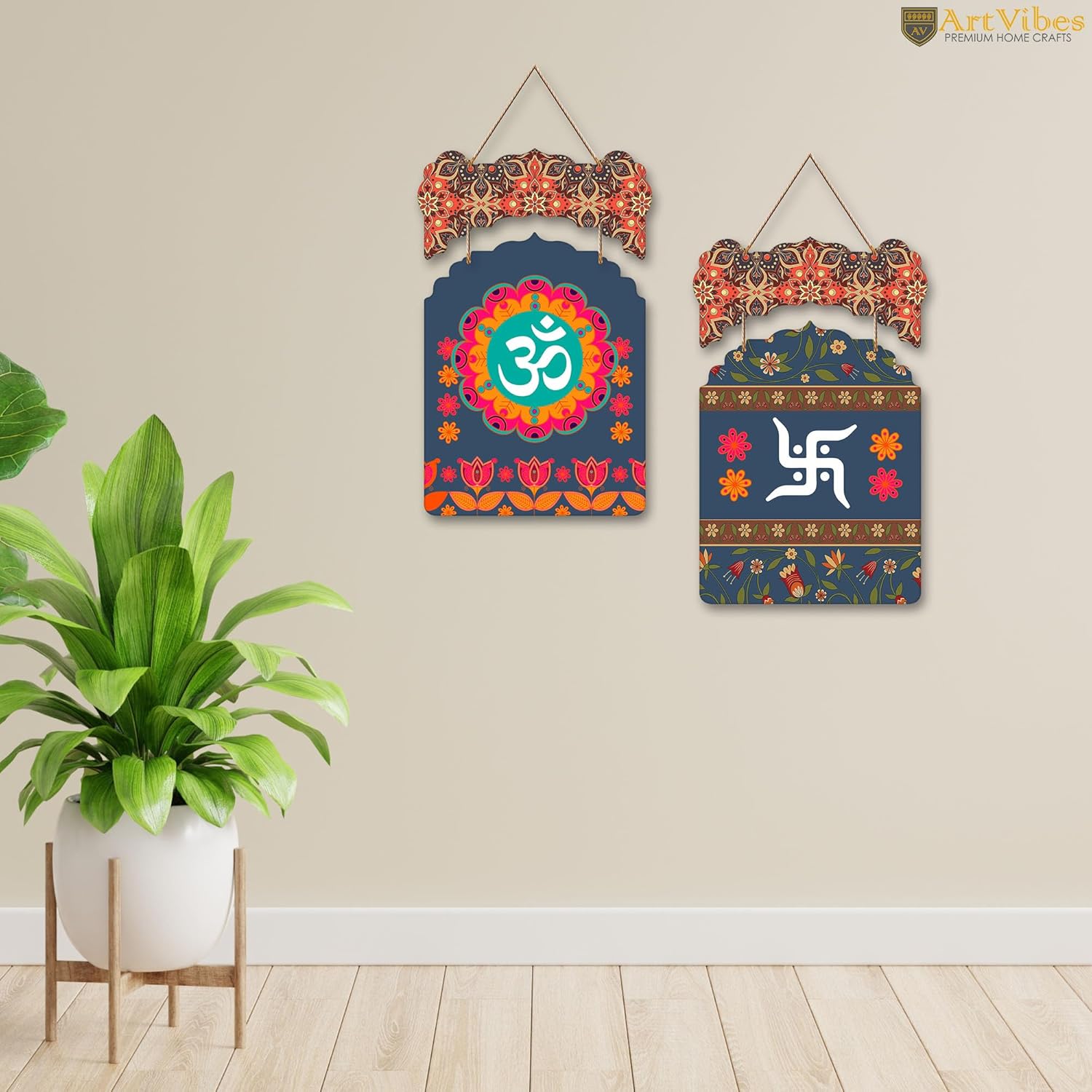 Wooden Wall Hanging with Om & Swastik Design 3
