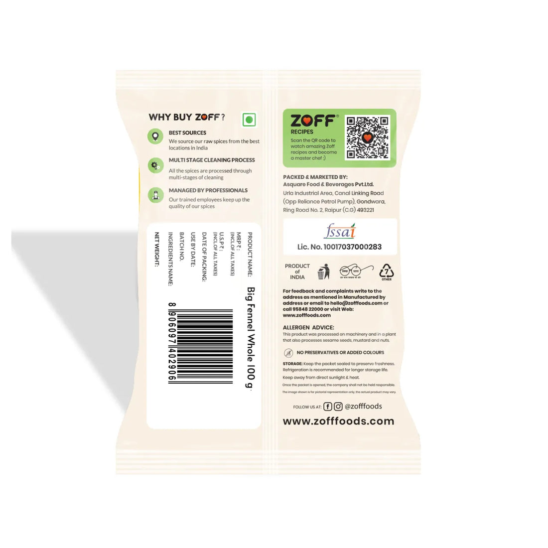 ZOFF Big Fennel Seeds Whole - Saunf -100 g