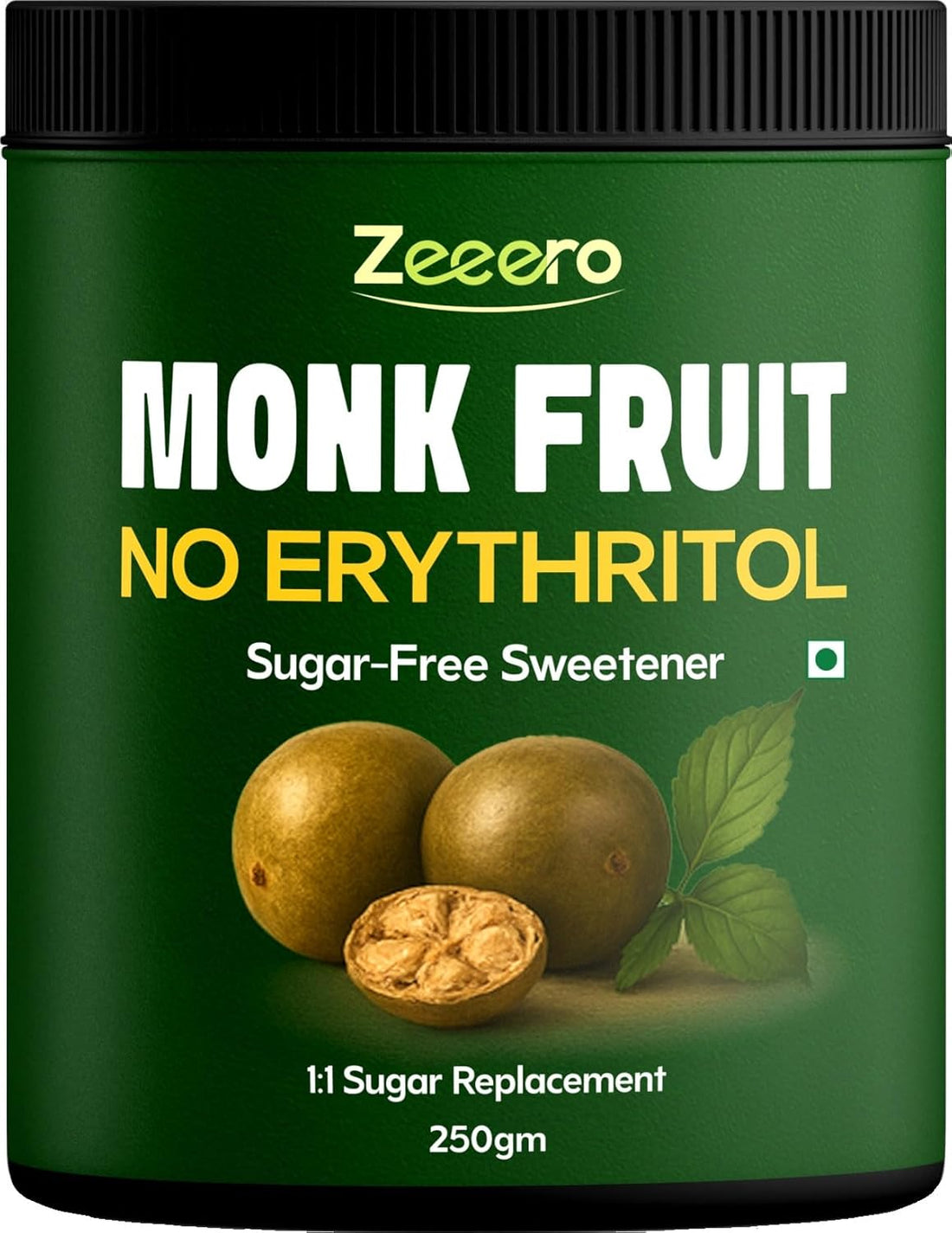 Zeeero Monk Fruit sugar-free sweetener container with green label and monk fruit illustration.