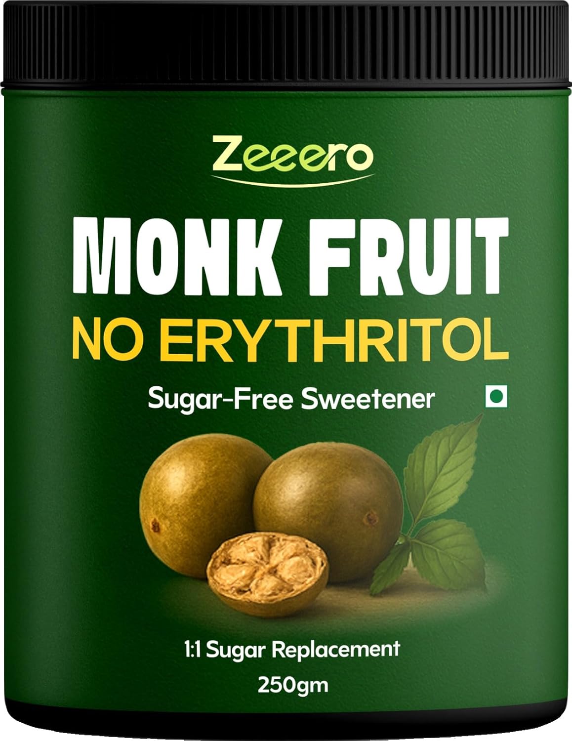 Zeeero Monk Fruit sugar-free sweetener container with green label and monk fruit illustration.