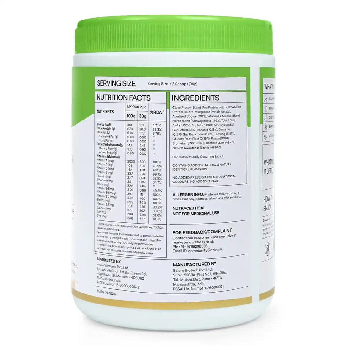 OZiva Super Food Plant Protein Coco Vanilla Flavour Powder, 250 gm