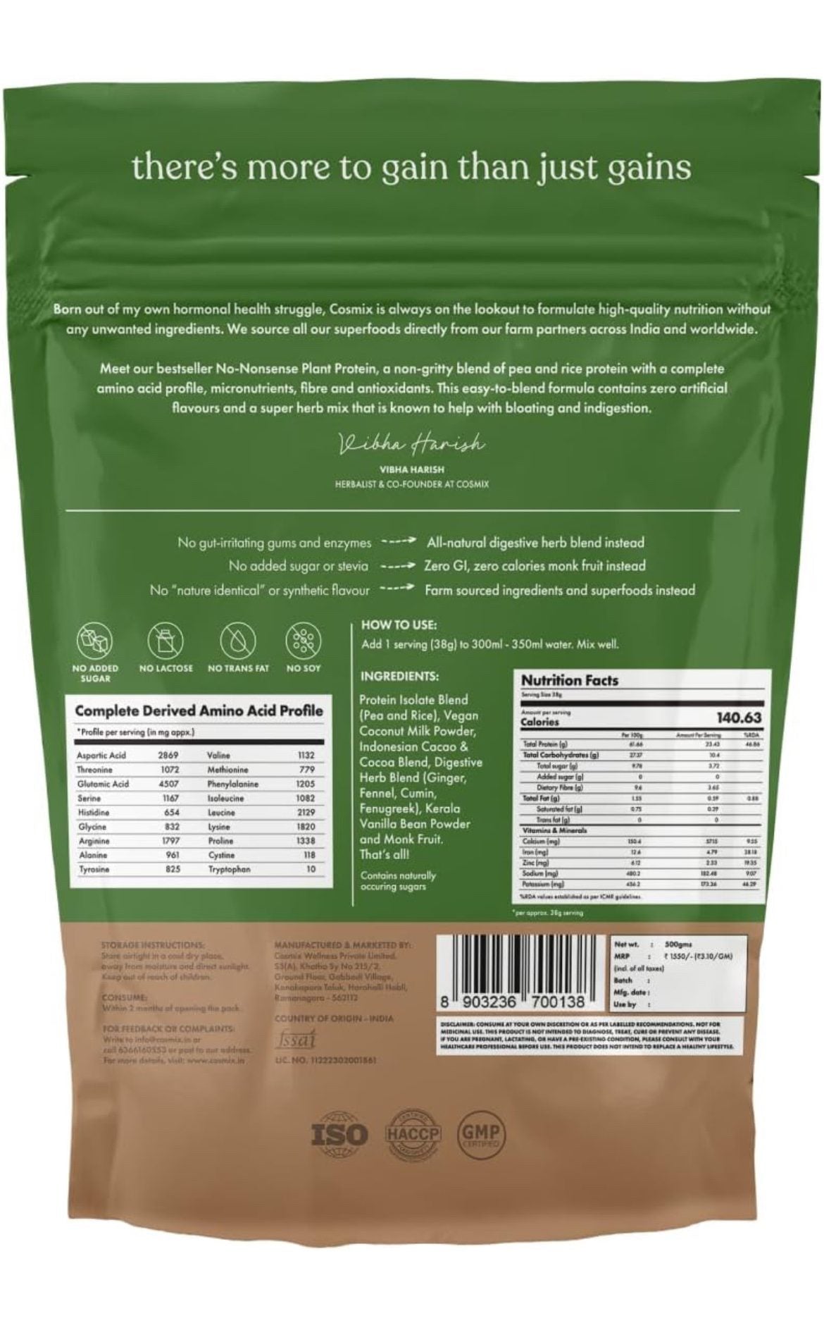 Cosmix No-Nonsense Plant Protein / 
24g Protein/Serve | Indonesian Cacao - 500G