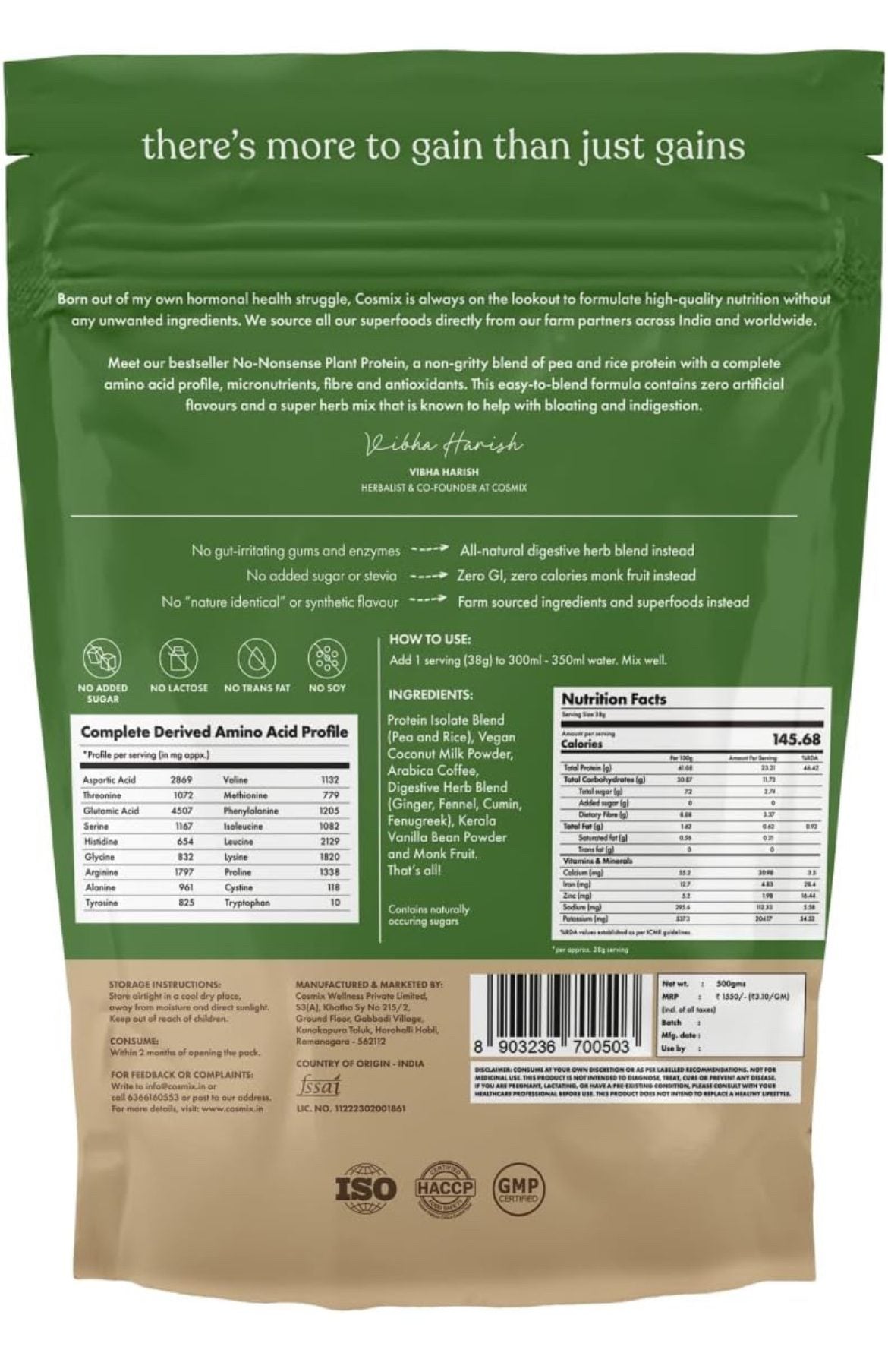 Cosmix No-Nonsense Plant Protein | 24g Protein/Serve | Malnad Arabica Coffee -500 G