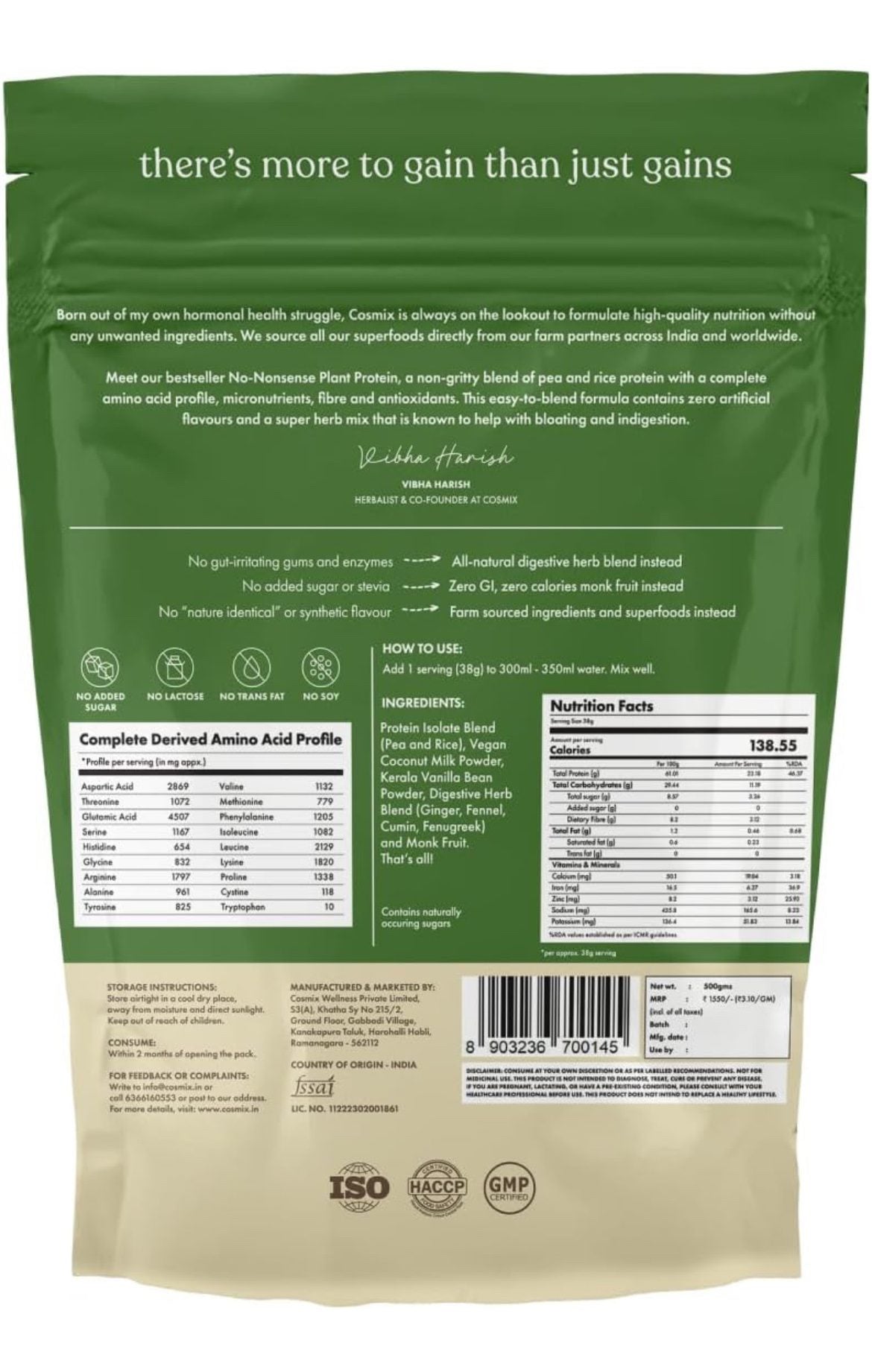 Cosmix No-Nonsense Plant Protein | 24g Protein/Serve | Kerala Vanilla Bean - 500 G