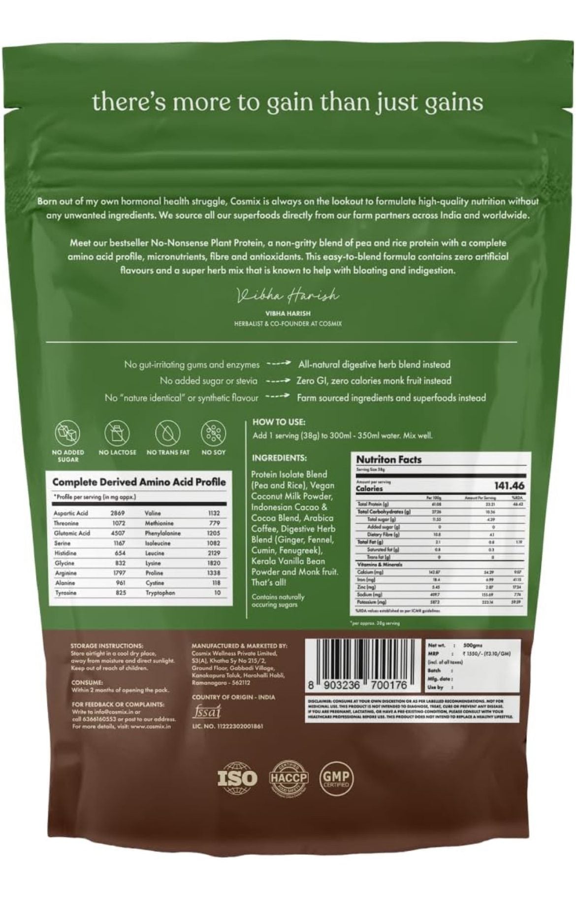 Cosmix No-Nonsense Plant Protein | 24g Protein/Serve | Chikmagalur Mocha - 500 G