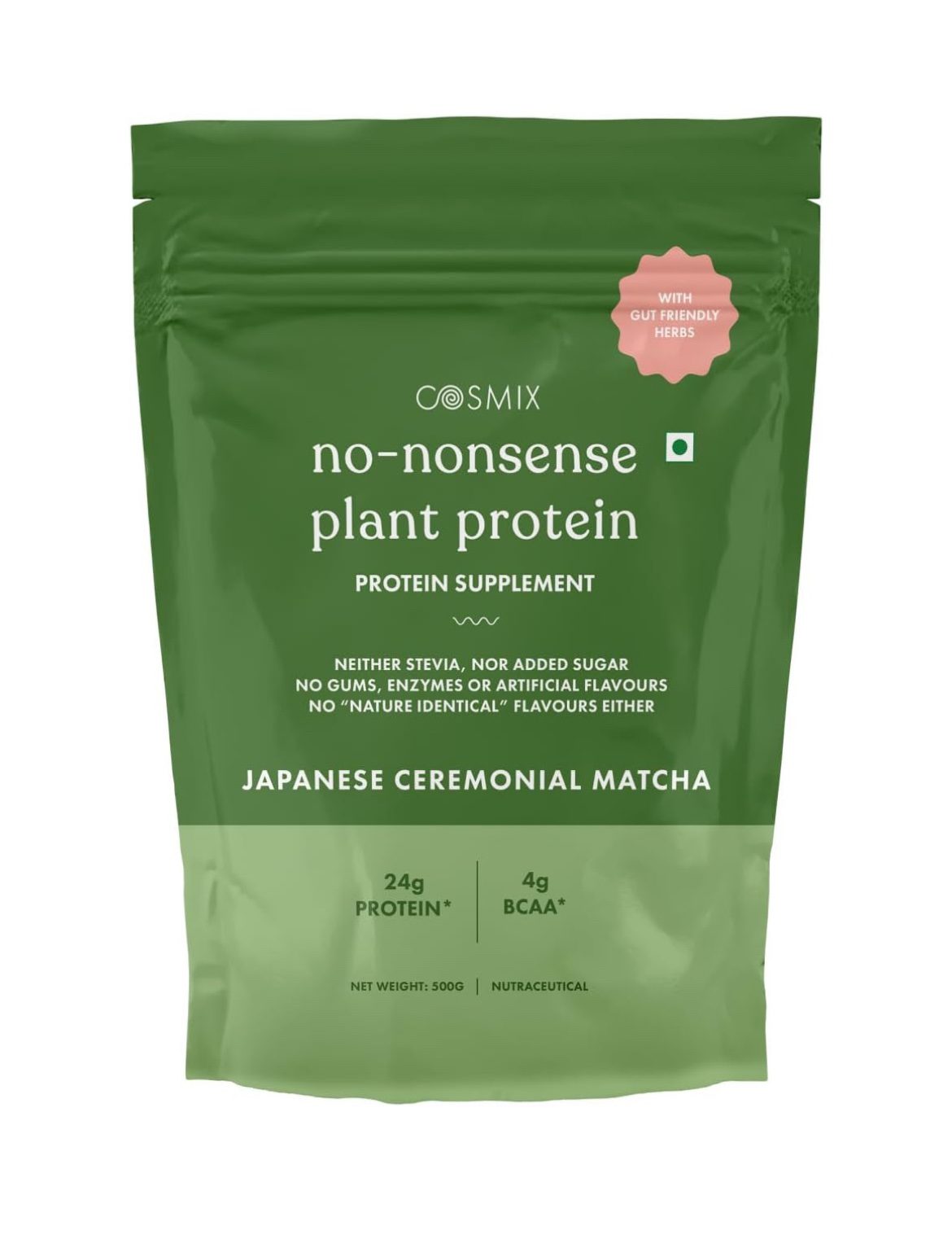 Cosmix No Nonsense Plant Protein | Pea &amp; Brown Rice Isolate| Plant Based - Japanese Ceremonial Matcha - 500 G