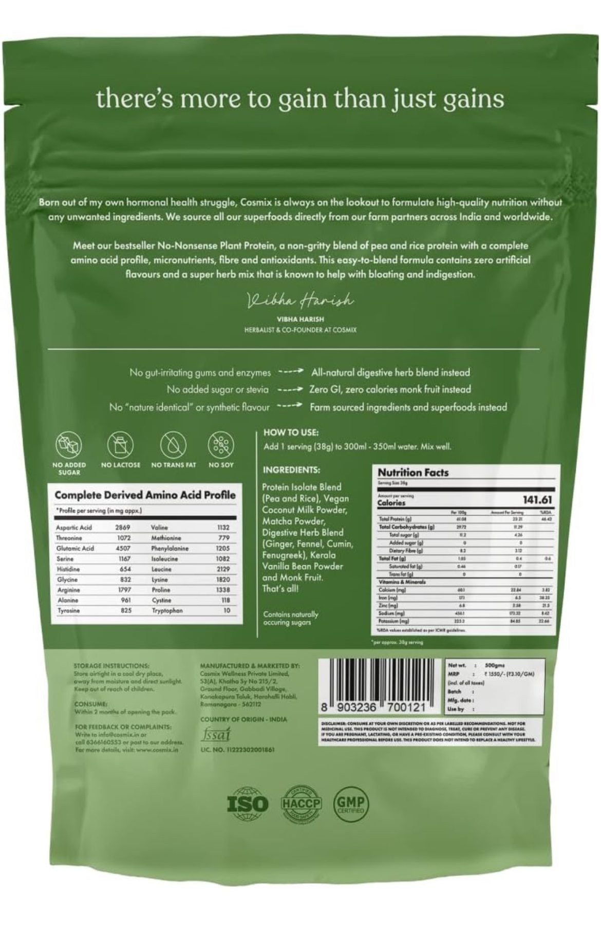 Cosmix No Nonsense Plant Protein | Pea &amp; Brown Rice Isolate| Plant Based - Japanese Ceremonial Matcha - 500 G