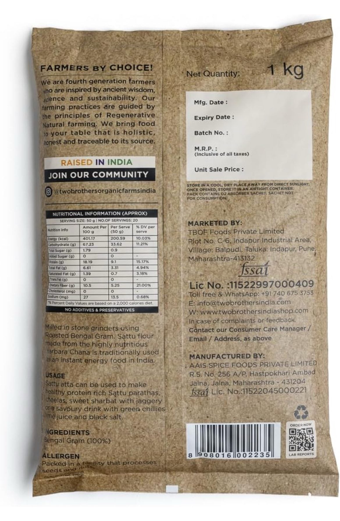 Two Brothers Organic Farms Sattu Atta (1 kg) | Made Using Bengal Gram